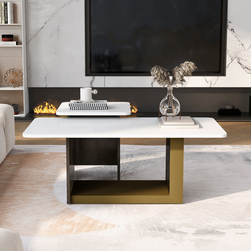 Ensemble de 2 tables basses modernes et luxueuses, petite table basse carrée et centre pour le salon, White / Gold；Black
