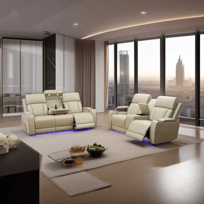 Alabaster Leather Living Room Recliner Sofa Loveseat set, wireless charging station, cup holders