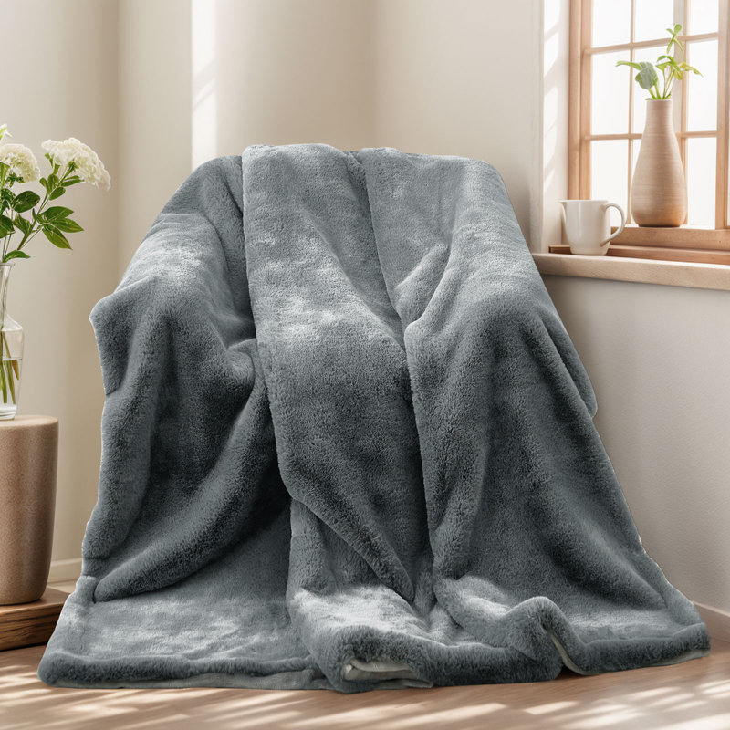 Faux Mink Throw Blanket, 39" W x 63" L, Dark Gray