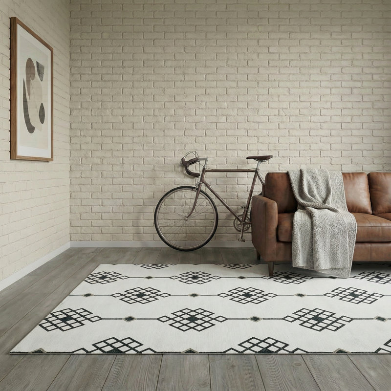 Tapis à imprimé géométrique blanc Rachelle, Rectangle 2 pi 8 po x 5 pi