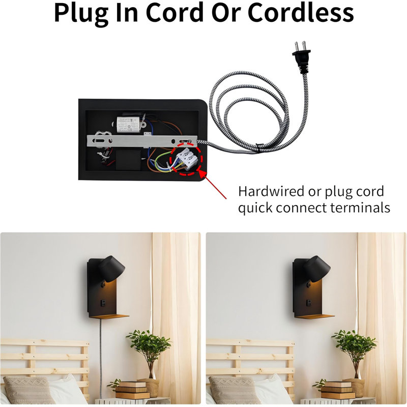 Modern Led Plug In Wall Sconce, Dimmable Wall Light Fixtures With Shelf And Usb Port, 6w,600lm, Rotatable Small Reading Wall Lamp For Bedroom
