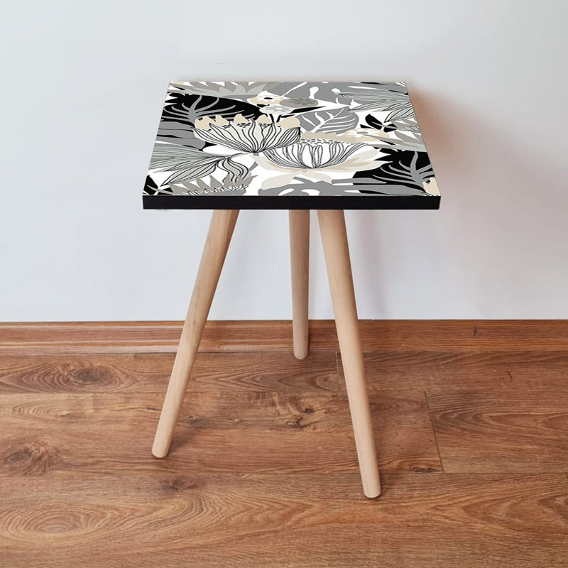 Modern Side Table with Beech Wood Legs, White & Grey/Black, 13.8 x 16.5 x 13.8 inches | 100% MDF, Thickness: 0.7 inches | Stylish & Functional Design for Living Room, Bedroom, or Office, Perfect for Any Decor