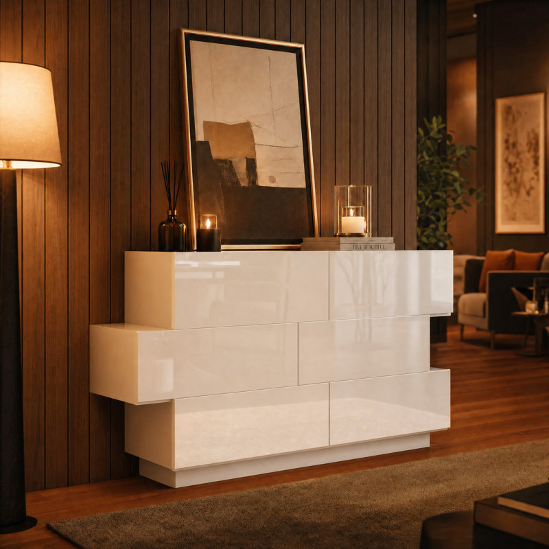 Commode double 6 tiroirs ultrabrillante de forme irrégulière, Blanc