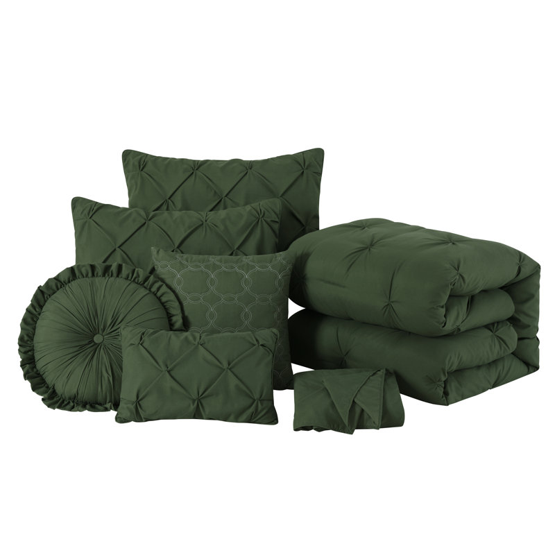 Sydney Pintuck Microfiber 7 Piece Comforter Set, Queen Comforter + 6 Additional Pieces, Forest Green
