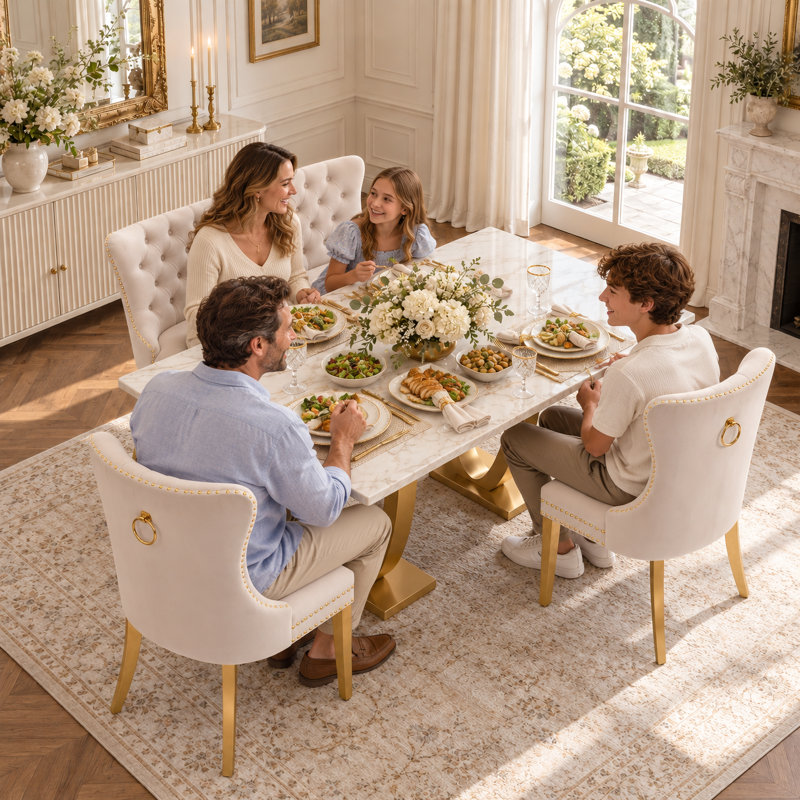 Ensemble de coin repas 3 pièces avec banc capitonné et chaises de salle à manger rembourrées, Doré, Beige, Doré