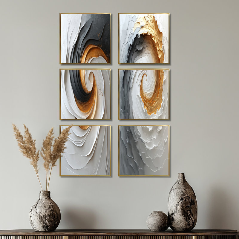 Tornade blanche et dorée abstraite - ensemble de 6 reproductions d'art sur toile, Impression encadrée sans passe-partout