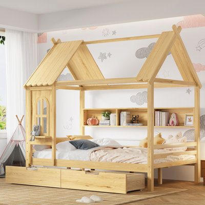 Lits de maison avec tiroirs de rangement et fenêtre, cadre de lit plateforme en bois massif avec tablettes, aucune boîte à ressorts nécessaire