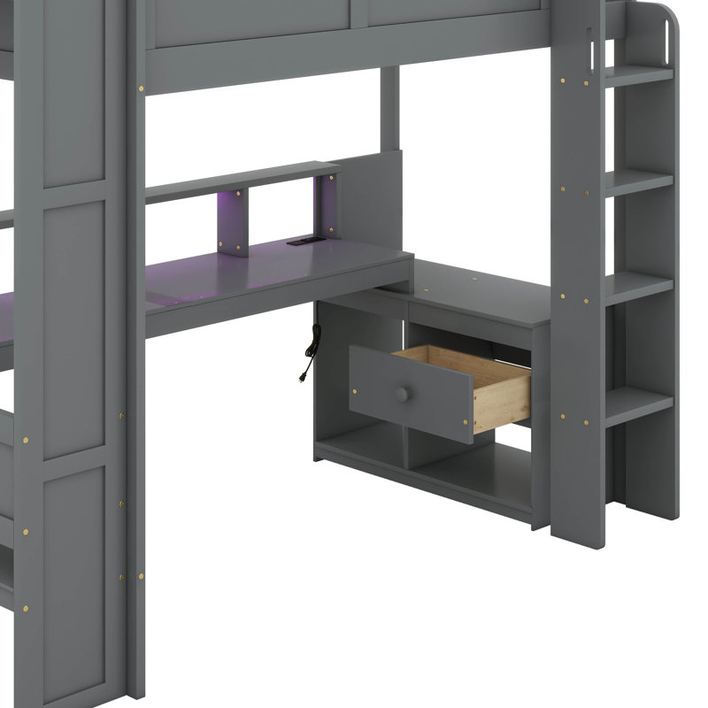 Lit mezzanine avec bureau et station de charge Lit mezzanine en bois massif avec tablettes de rangement et DEL, Lit simple