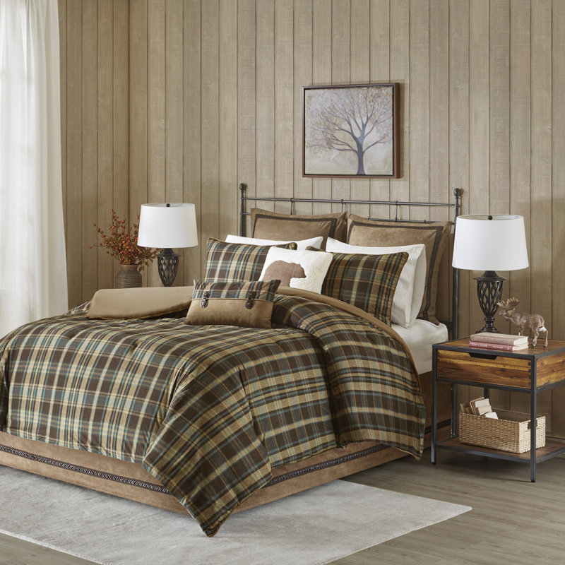 Queen Brown Microfiber Down Alternative Comforter Set with Plaid Design