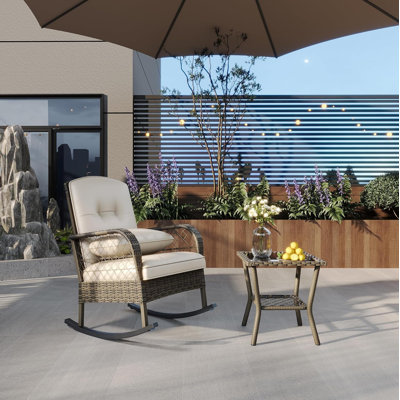 3-Piece PE Rattan Patio Rocking Chair Set, Bistro Set with Cushions & 5mm Tempered Glass Table, All-Weather Outdoor Furniture for Porch, Balcony, Garden