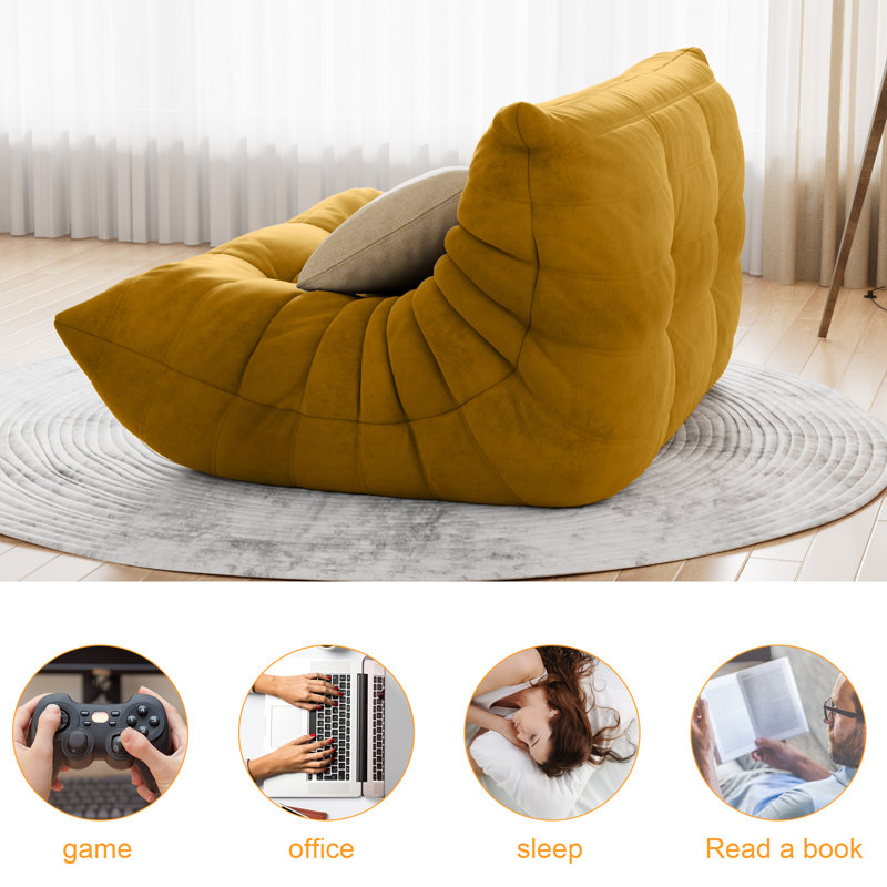 Armless 3-Seat Togo Three Seater Large Bean Bag Sofa, Yellow Microfiber/Microsuede, 28" H x 34" W x 38" D