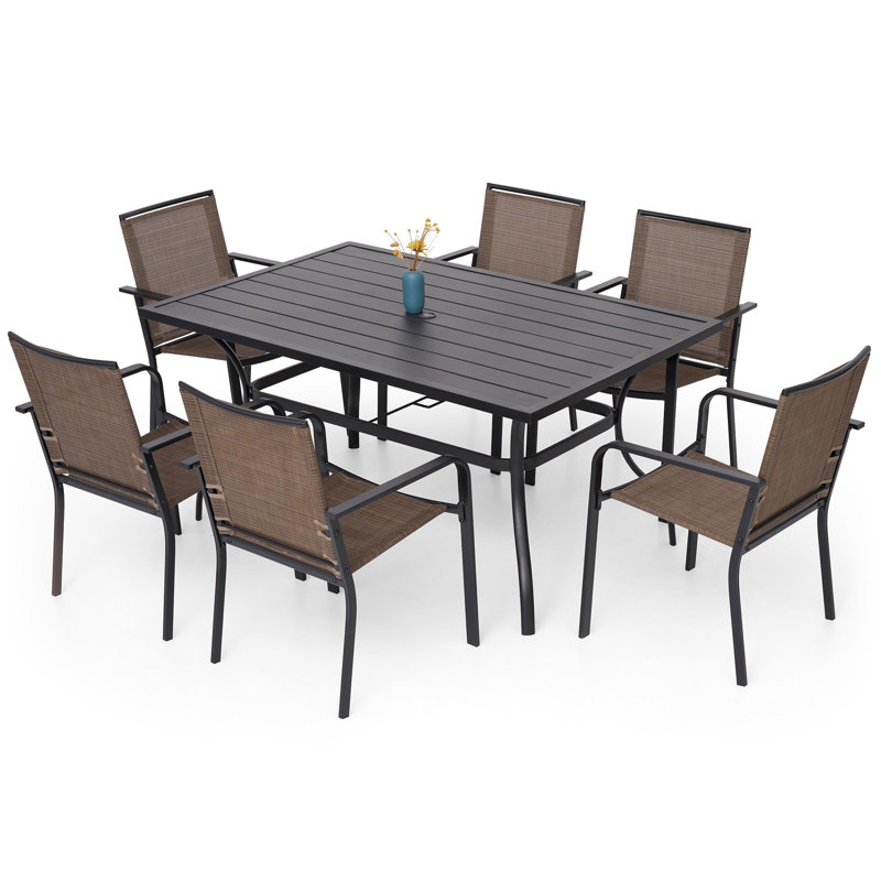 Table d'extérieur rectangulaire en acier pour 6 personnes avec chaises empilables, Brun