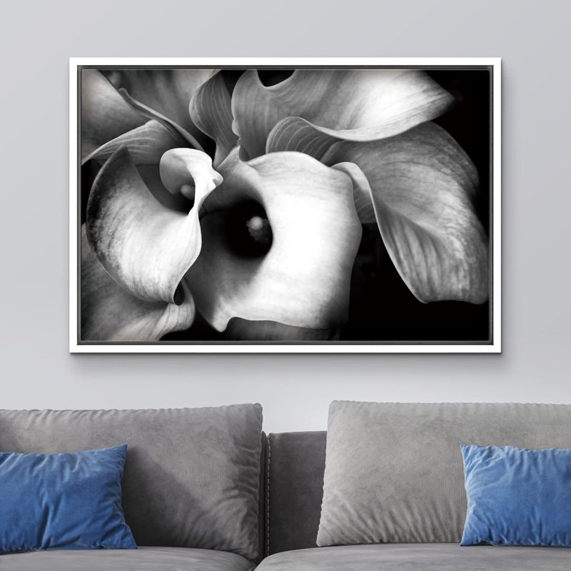 «Flower Blossom Calla», bouquet de fleurs, plantes à motif floral noir et blanc sur fond noir, Cadre blanc