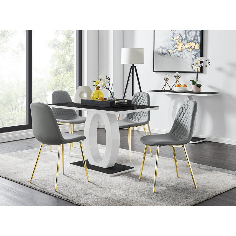 Scottsmoor Modern High Gloss Halo 6 Seater Dining Table Set with Luxury Faux Leather Dining Chairs, Gray/Gold