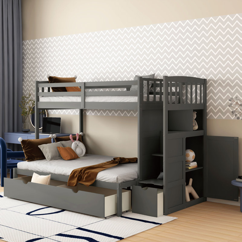 Geonna Twin over Twin/Full Solid Wood Standard Bunk Bed by Harriet Bee, Gray