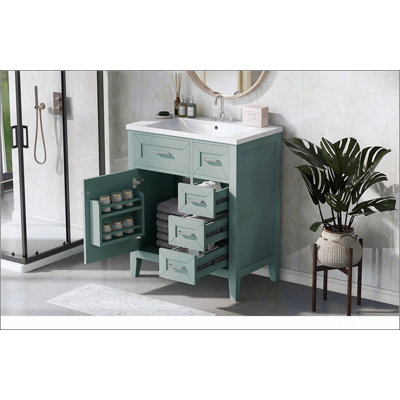 Meuble-lavabo 30 po avec lavabo, armoire de salle de bain verte avec tiroirs, structure solide et panneau de fibres à densité moyenne