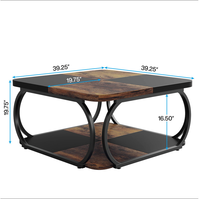 Table basse carrée de 39 po avec tablette de rangement - Table basse de ferme moderne à 2 niveaux avec structure incurvée en métal robuste, table basse centrale pour le salon