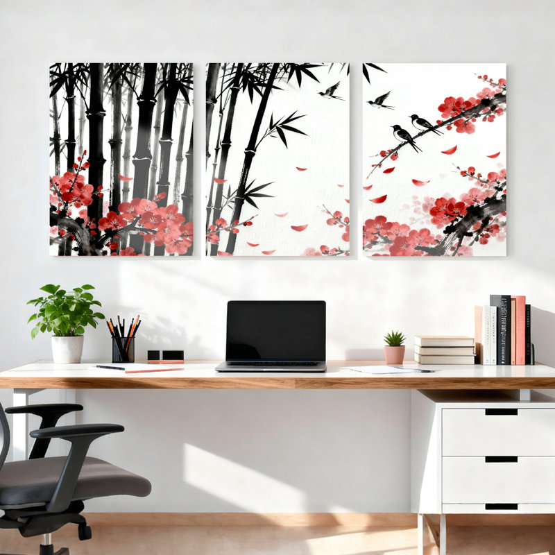 «Bamboo and Cherry Blossom», reproduction d'art sur toile tendue à l'encre, ensemble de 3 peintures de style oriental traditionnel