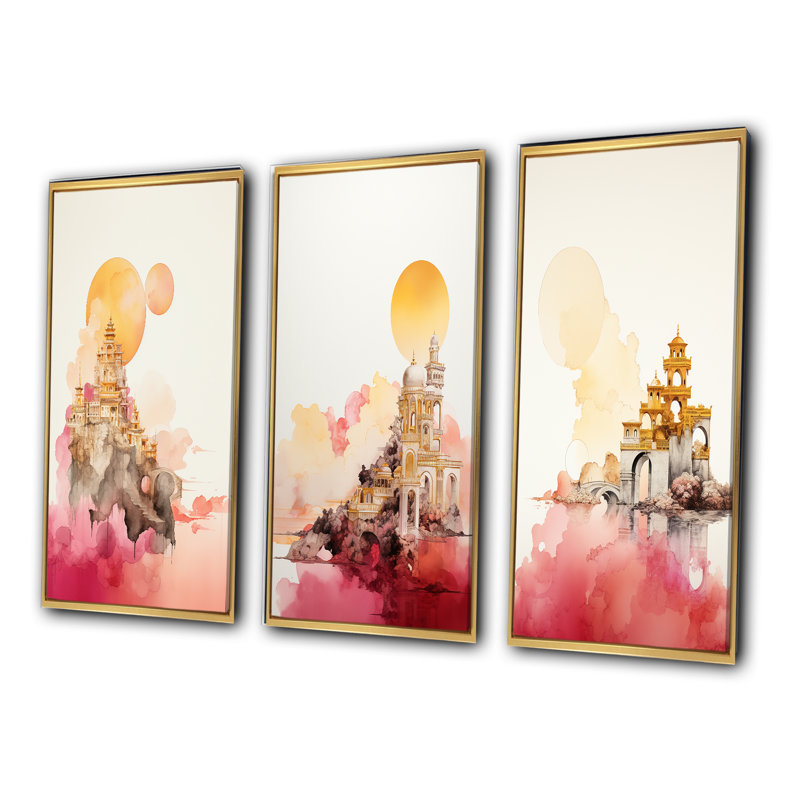 «Ancienne ville de rêves rétro rose et or III», 3 pièces sur toile, Cadre flottant doré, H 20 po x l 36 po