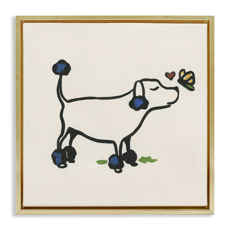 «Dog & Butterfly», art mural encadré flottant par June Erica Vess, Cadre flottant métallique doré, H 25 po x l 25 po