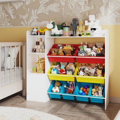 Organisateur de rangement pour jouets à 4 niveaux, bibliothèque pour enfant et tablette à jouets avec 8 bacs de rangement amovibles, support à jouets pour tout-petits en bois avec tablettes ouvertes, armoire de rangement multifonctionnelle pour chambre d'enfant, chambre de bébé