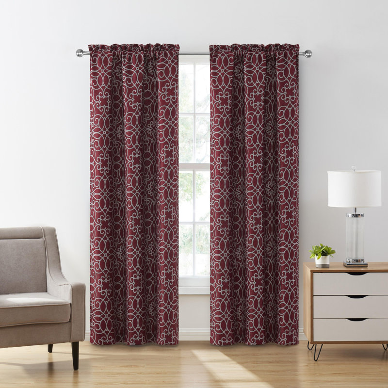 Versailles Scroll Rod Pocket Blackout Curtain Panel, Burgundy