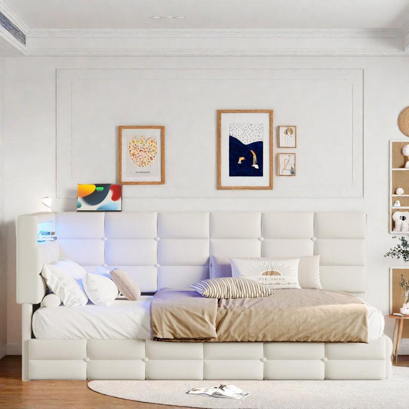 Upholstered Daybed With 2 Drawers, Charging Station, Led Lights, Storage Headboard And Checkered Button Decoration, Beige