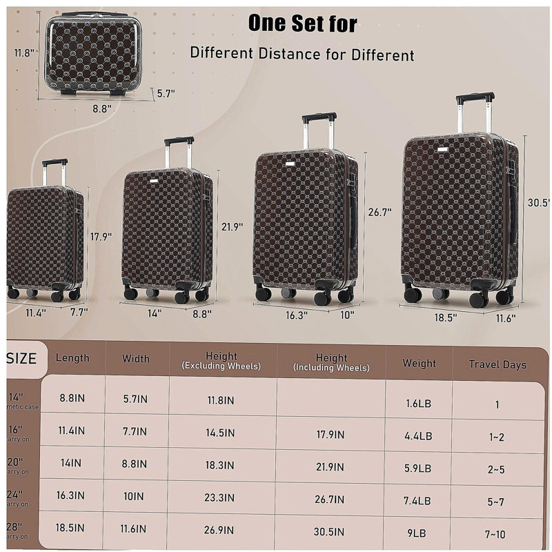 Ensemble de 5 valises rigides avec serrure TSA, valises à roulettes en ABS 14/16 / 20/24/28 pouces, roulettes silencieuses à 360 °, poignée réglable à plusieurs niveaux (brun)