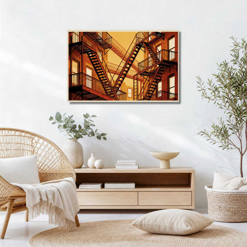 Tableau sur toile représentant des escaliers de secours orange sur des bâtiments en briques, H 28 po x l 40 po