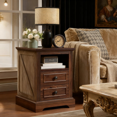 18'' W Nightstand With Charging Station, Wood End Table With 2 Drawers, Brown
