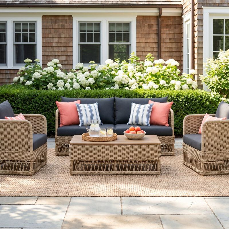 Destin Natural 4-Piece Sunbrella® Outdoor Patio Seating Set - Canvas Navy, Canvas Navy, Brown