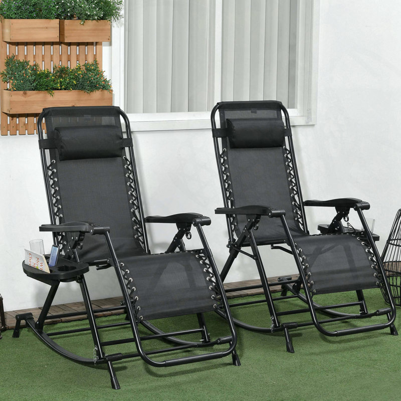 Outsunny Set of 2 Zero Gravity Folding Rocking Chairs with Trays, Black