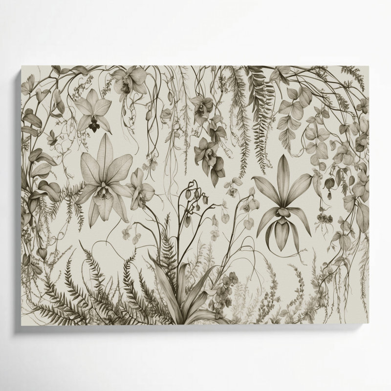 Botanical Line Art Botanical Drawings Beige Canvas Wall Art, 24" H x 36" W