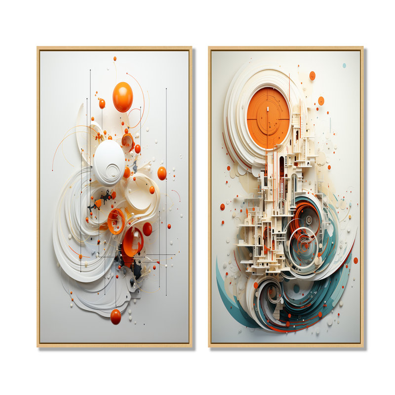 «Orange and White Spiraling Symmetry I», ensemble de 2 reproductions d'art sur toile géométriques abstraites