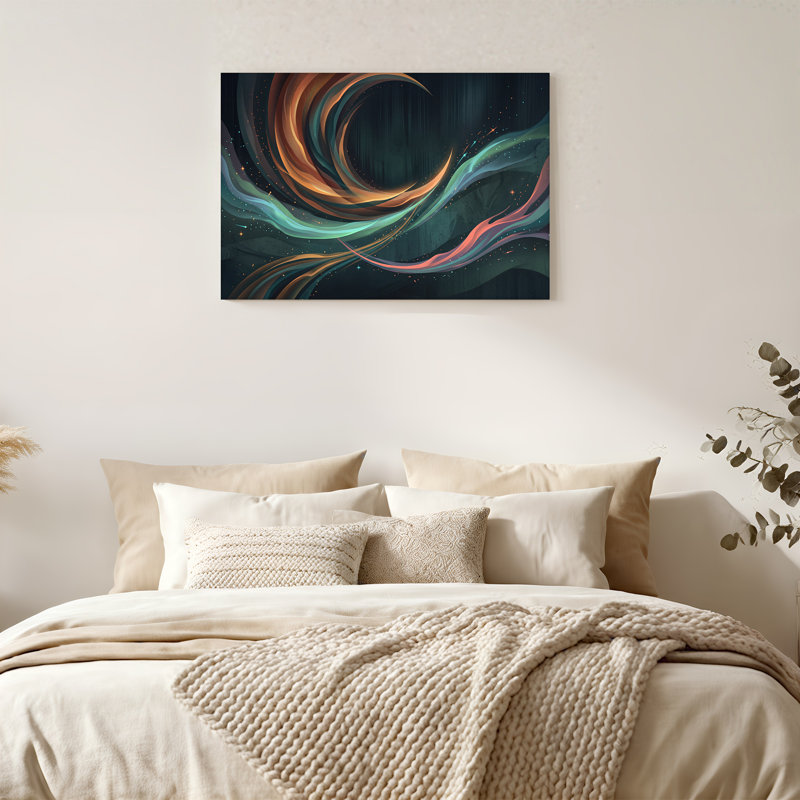 Toile abstraite tourbillon bleu sarcelle et rubans orange, 24"H x 36"W