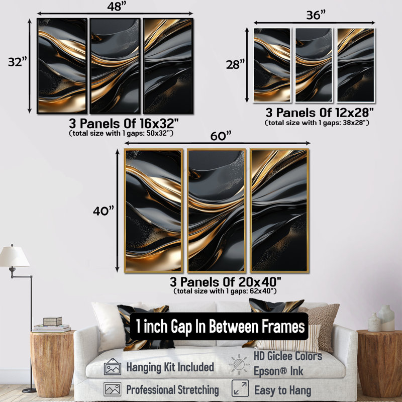 Captivating Gold and Black Marble IV - Abstract Modern Waves, impression d'art mural, H 28 po x l 36 po x P 1 po