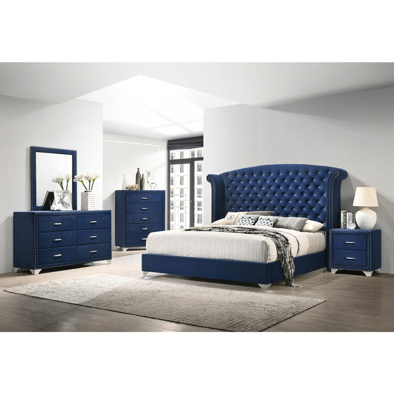 Lansdale Upholstered Sieigh Bedroom Set, Queen, Navy, Bed, Nightstand, Dresser, Dresser Mirror, Chest