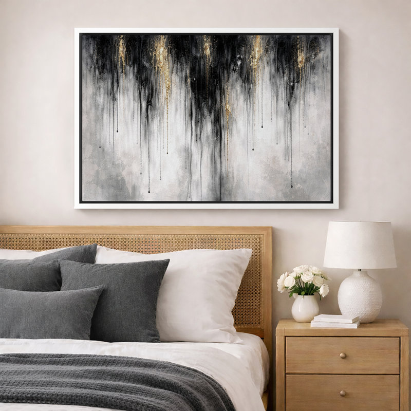 Œuvre d'art abstrait abstrait noir et or, composition de salon de luxe, impression sur toile encadrée, impression numérique