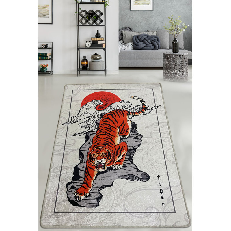 Tapis orange / gris / blanc en polyester tissé à la machine Amatrudo, Rectangle 2 pi 7 po x 3 pi 3 po