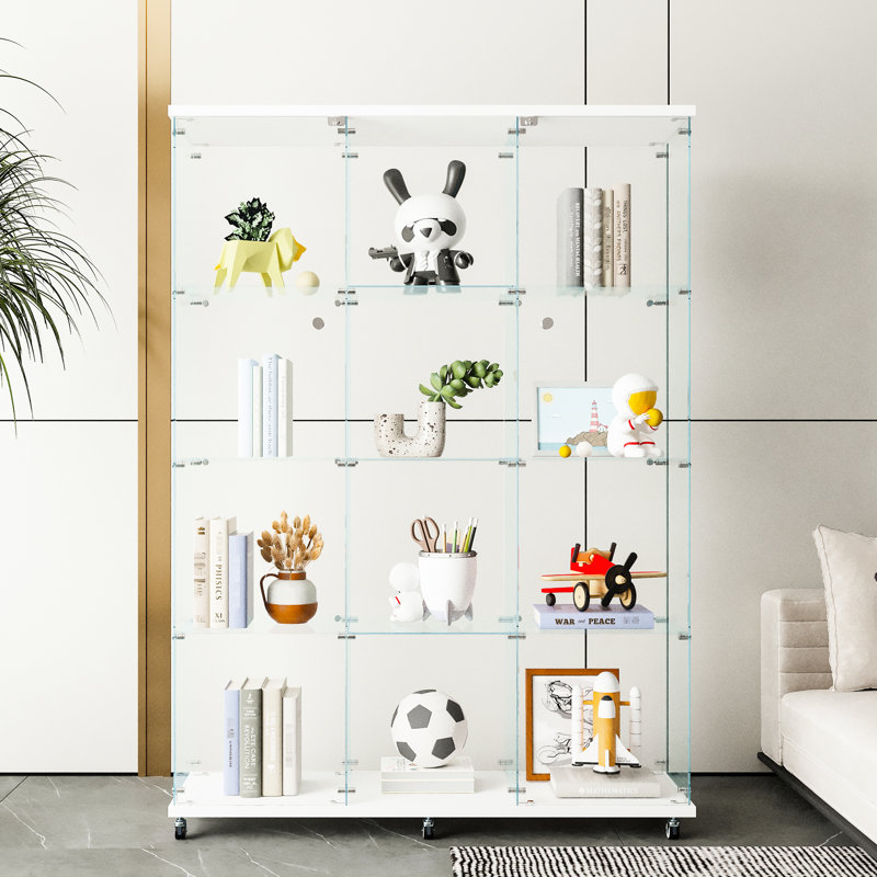Vitrine en verre massif à 4 tablettes, pour la décoration intérieure - noir / blanc, beaucoup de rangement, verre trempé, bois massif, très grande unité d'assemblage simple, grand espace de rangement pour le salon,