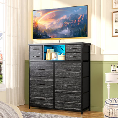 Tall Storage Dresser With Charging Hub & Lighting - 10 Fabric Drawers - Suitable For Bedrooms, Dining Rooms And Living Rooms
