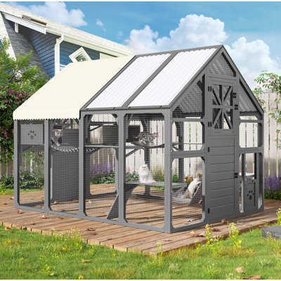 Extra Large Catio Outdoor Cat Enclosure, Walk-In Outdoor Pet House For Multiple Cats, Catio Cat Run Cage With Bridges, PVC Roof, Weatherproof Cover, 8 Platforms, 2 Resting Box, Grey