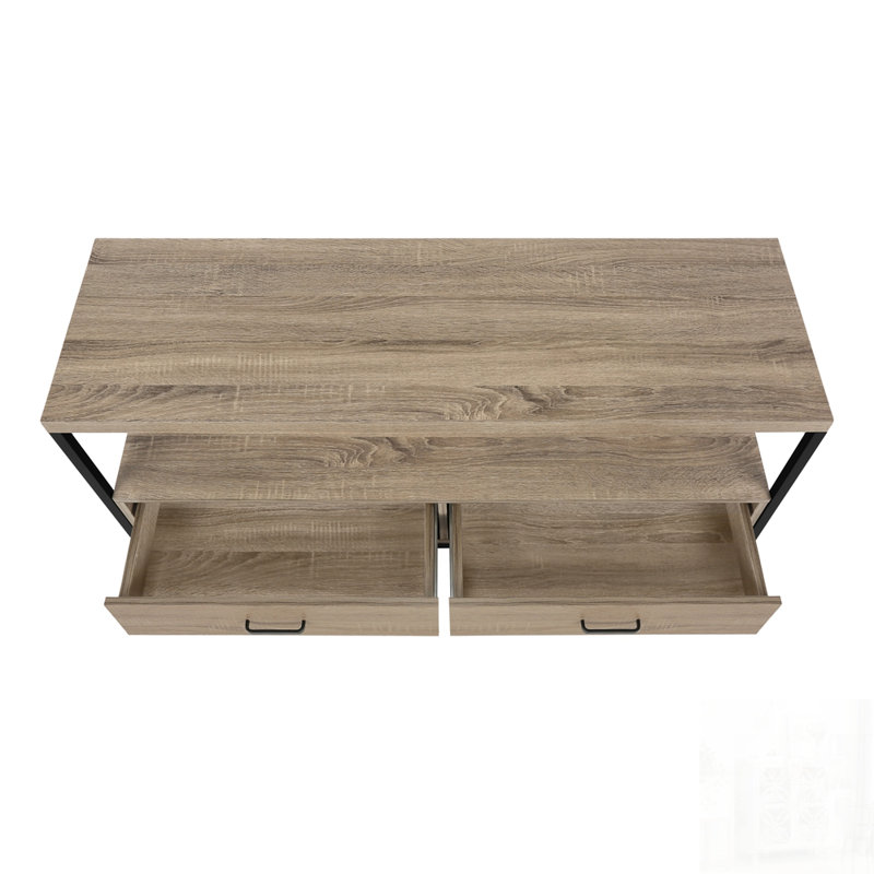 Meuble télé moderne en stratifié avec cadre en métal, tiroirs de rangement et tablettes ouvertes pour le salon ou la chambre à coucher