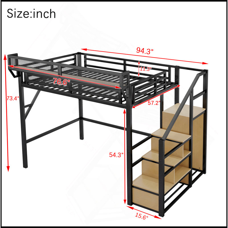 Lit mezzanine double avec escalier, lit mezzanine double en métal avec tablettes de rangement, lit mezzanine haut avec garde-robe