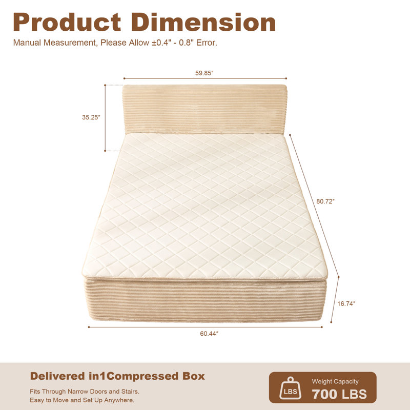 16.74" Queen Size Upholstered Mattress with Headboard, No Box Spring/Frame Needed, 700 LBS Weight Capacity, Mattress in a Box