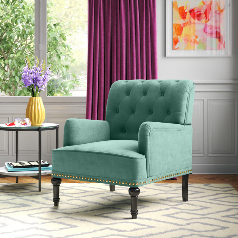 Jakub 28.5" W Velvet Tufted Polyester Armchair with Nailhead Trim, Sage Velvet