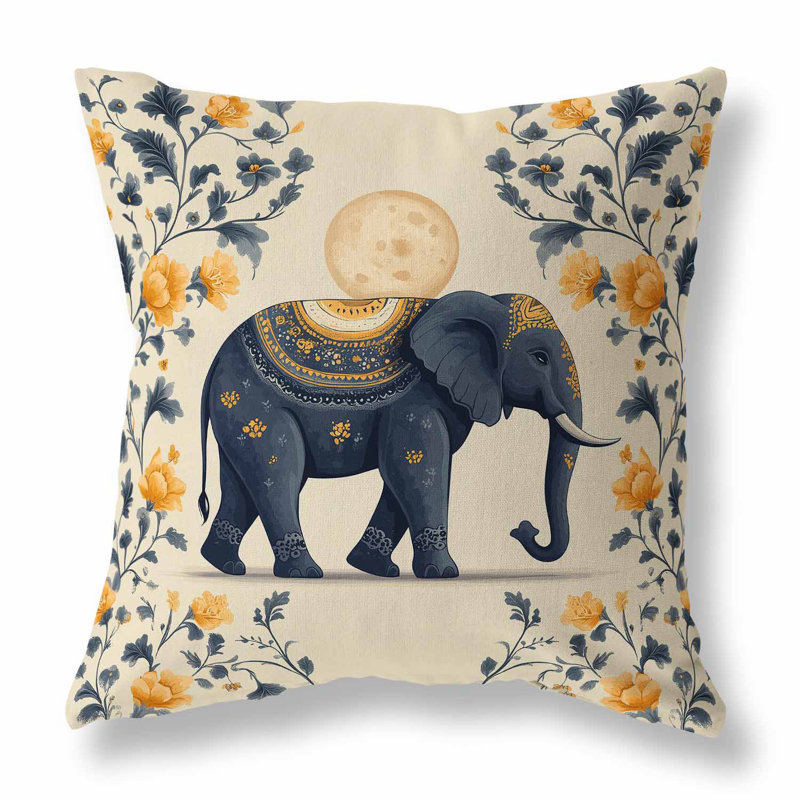 Coussin intérieur / extérieur Moonbeam Elephant, Carré 16 po, Jaune/gris