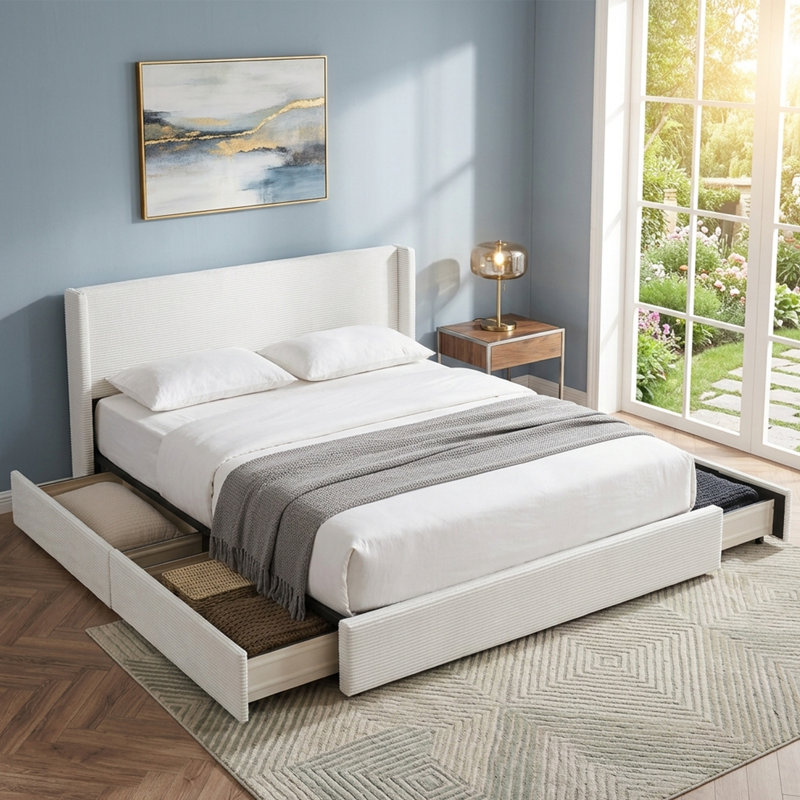 Lit plateforme tapissier Modern, Crème, Très grand