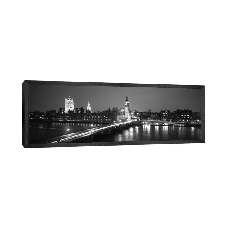 England, London, Parliament, Big Ben (black & White) by Panoramic Images - Floater Frame Panoramic Gallery-Wrapped Canvas Giclée on Canvas