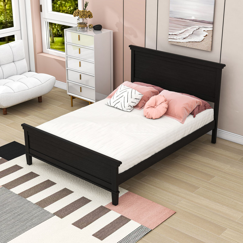 Wood Platform Bed with Panel Headboard, Full, Charcoal Black